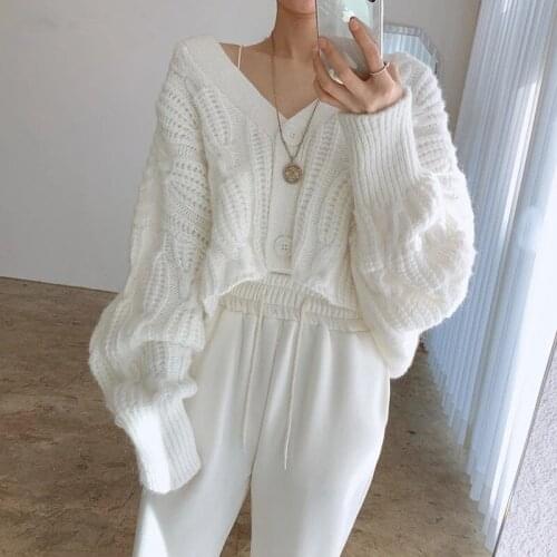 WIGADFHK 2021 Autumn Womens Sexy V-neck Sweater Twist Casual Loose Single-breasted Short Womens Knitted Cardigan
