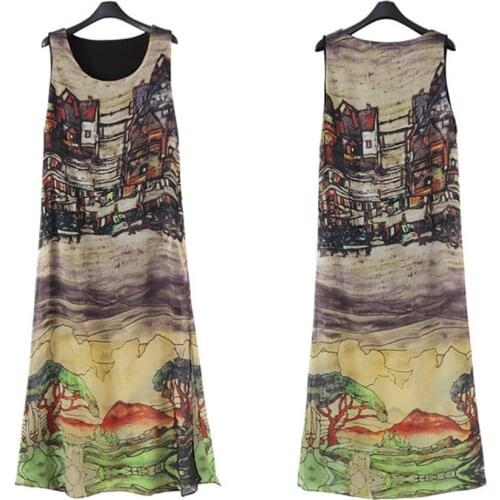 Hot Selling Fashion Summer Women Sexy Long Dress Sleeveless O Neck Vintage House Printed Split Lady Loose Casual Dresses S-4XL