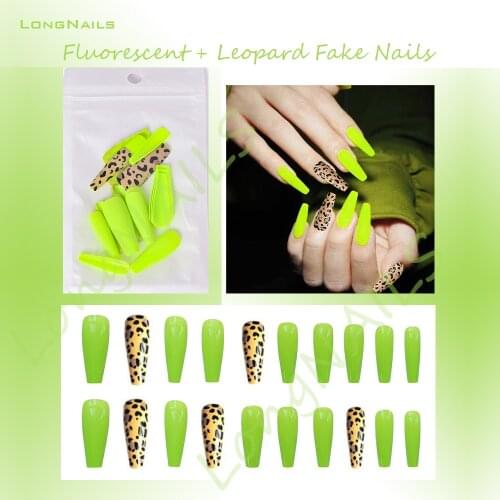 20pcs Summer Fluorescent-Green Coffin Fake Nails 26.5-32.5mm Ballerina ABS Leopard 0-9# Full Gradient*C NailArts False Tips 2021
