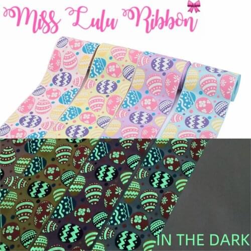 3"75mm Cartoon Easter Egg White Ink Print Glow in the Dark Solid Color Printed Grosgrain Ribbon Colorful Dots DIY 50yards/roll
