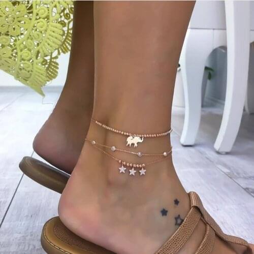 3 Pcs/Set Exquisite Women Elephant Stars Beads Crystal Tassels Pendant Anklet Fashion Multilayer Gold Anklet Set Combination