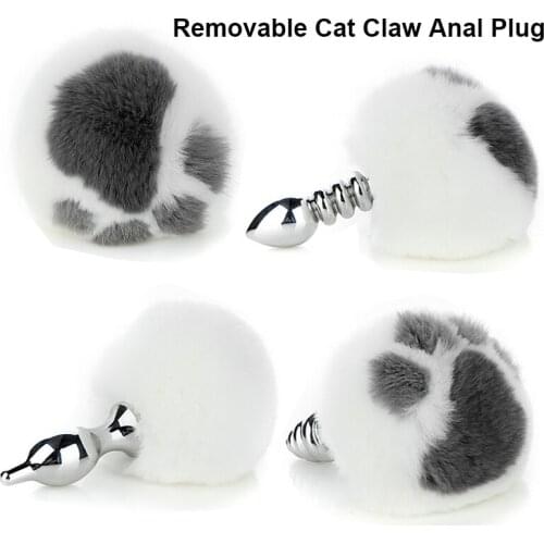 New Real Rabbit Fur Tail Cat Claw Removable Metal Butt Anal Plug BDSM Sex Product Bunny Tail Sex Toys For Women Gay Adult Games
