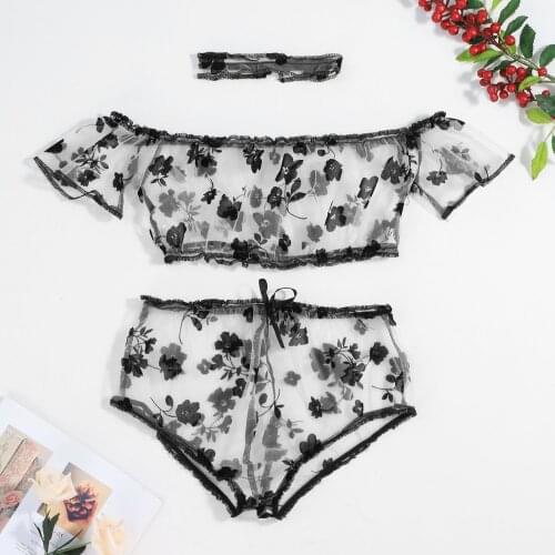 Flower Embroidery Exotic Underwear Women Sexy Lingerie Set Transparent Mesh Crop Top Panties Neck Ring 3PCS Sets Lenceria Mujer