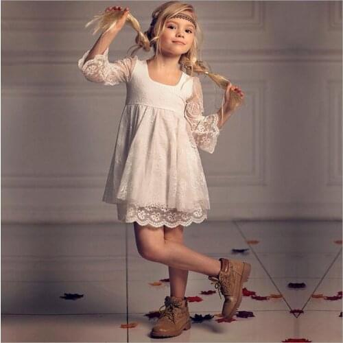 Kids children full lace dress flower girls three quarter sleeve tiered gauze dress teenager floral wedding party dress vestido