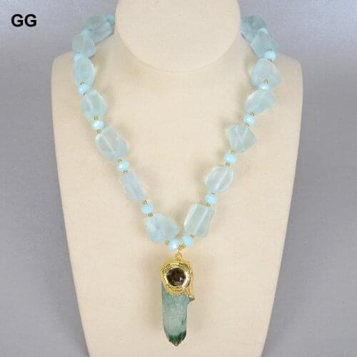 GG Jewelry 21" Natural Blue Glass Quartzs Nugget Crystal Necklace Rough Green Flourites Labradorites Pendant For Women