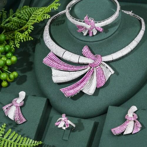 KellyBola Luxury High Quality Zircon Bridal Big Knot Necklace Earring Set Dubai Noble Wedding Banquet Top 4PCS Jewelry