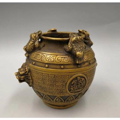 Chinese Antique Brass carved lion Go pot Tea pot tank