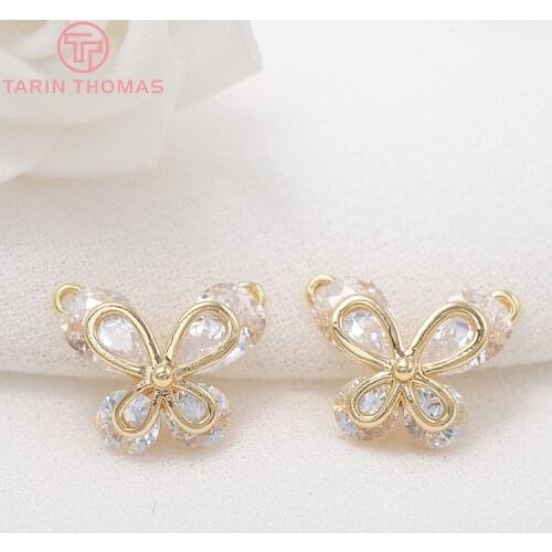 2PCS 10x12MM Hole 1MM 24K Gold Color Brass with Zircon Butterfly Charm Pendants for DIY Jewelry Making Findings Accessories