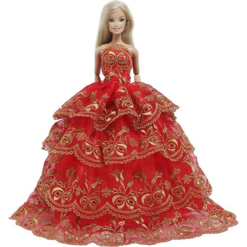 BJDBUS Fashion Doll Red Lace Dress Wedding Party Gown Princess Skirt Ball Wear Clothes for Barbie Doll Accessories Baby DIY Toys