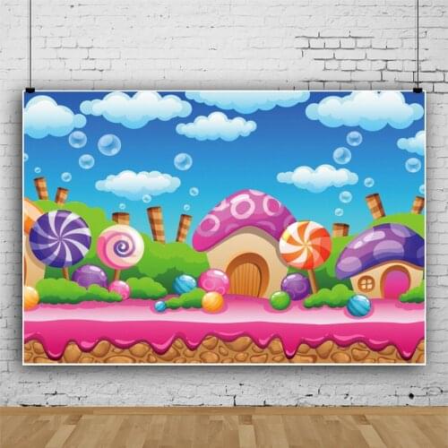 Cartoon Painted Candy Mushroom House Portrait Photography Backdrop Decor Photo Kids Party Background Studio Photocall Props