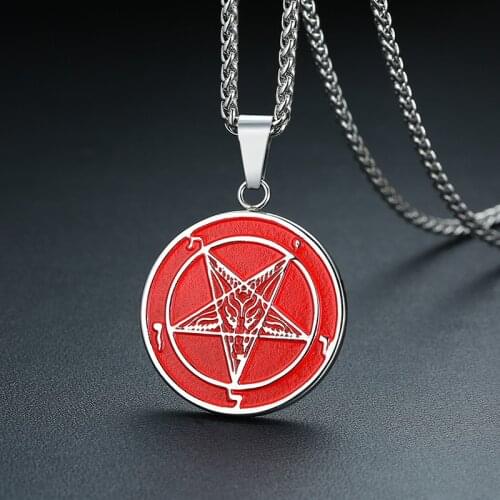 Men Stainless Steel Pendant Necklace Seal of Satan Sigil of Lucifer Both Sided Baphomet Goat Devil Inverted Pentagram Chain