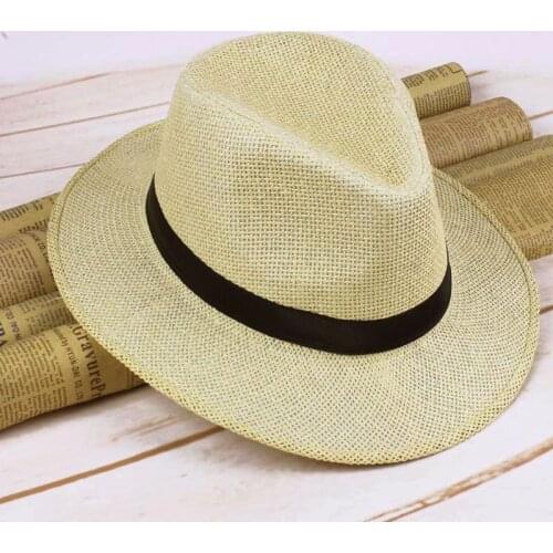 Men Straw Panama Hat Handmade Cowboy Cap Summer Beach Travel Sunhat MU8669