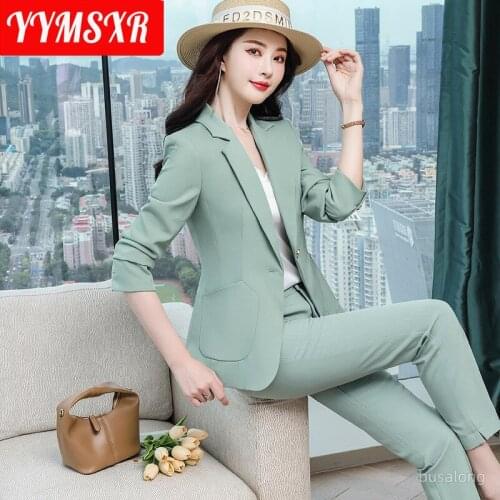 Autumn and Winter Womens High-quality Office Pants Suit Two-piece Casual Striped Long-sleeved Ladies Jacket Slim 9-point Pants
