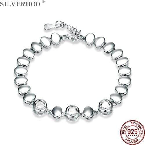 SILVERHOO Minimalist Oval Bangle Bracelets For Women 925 Sterling Silver Clear Round 5A Cubic Zirconia Charm Bracelet Jewelry