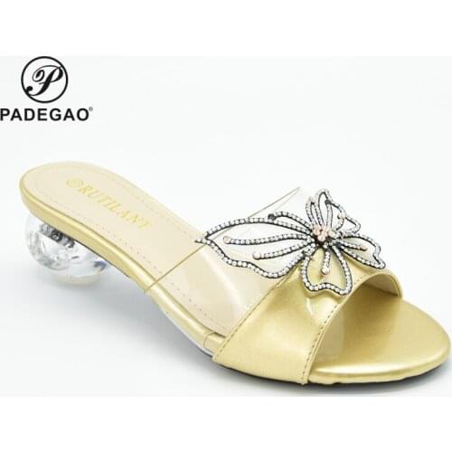 2020 Gold Color Sexy Ladies Italian Women Shoes Elegant Style Super Hihg Heels Slipper with Appliques For Royal Party