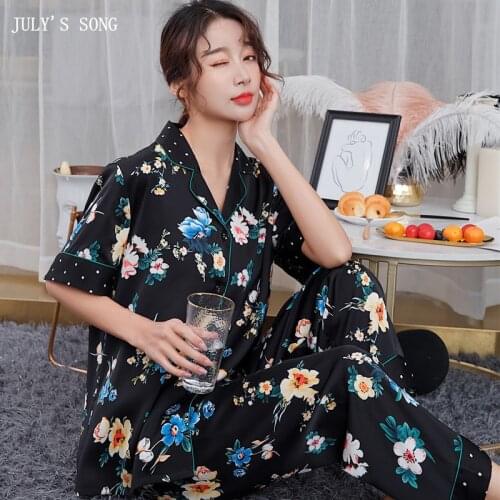 JULYS SONG Pajamas Set Casual Women Summer Autumn Sleepwear Satin Slik Knitting Short-sleeved Trousers Home wear Elegant Pj Set