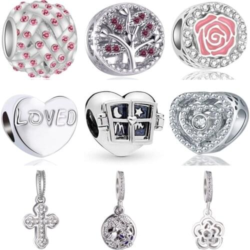 Fit Original Elegant Pink Crystal Beads Unique Cross Pendant Necklace Bracelet Charms for Female Jewelry Making Berloque