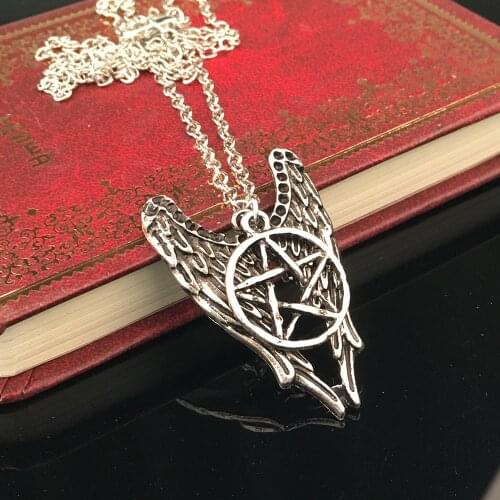 Supernatural Necklace Pentagram Pentacle Castiel Angel Wings Vintage Antique Silver Color Pendant Amulet Jewelry Men Wholesale