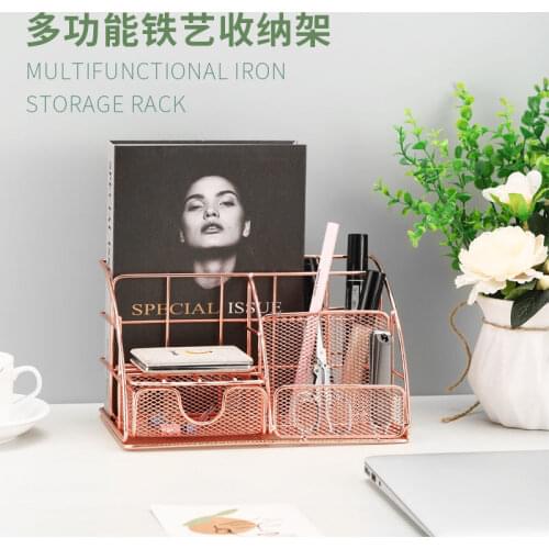 Rose Gold Desk Drawer Storage Box Storage Magazine Rack with Pen Holder Handmade Metal File Office Organizer Paper Tray