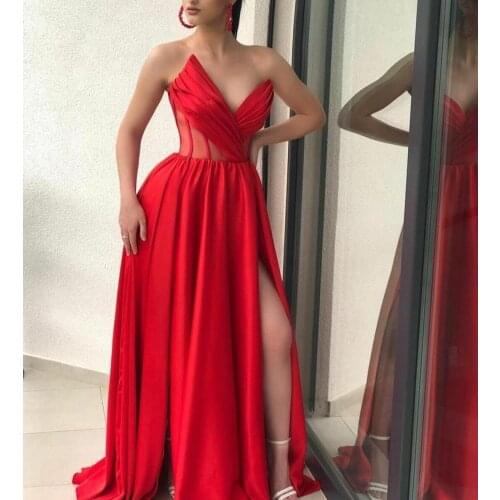 Sexy Long Red Satin A-Line Evening Dresses with Pockets Floor Length Zipper Back Side Slit Formal Party Gowns for Women