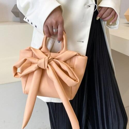 Korean style Women Orange Green Blue Handbag Sweet Female Party Shoulder Bags 2021 Pu Leather Bucket Bag Butterfly Knots Totes