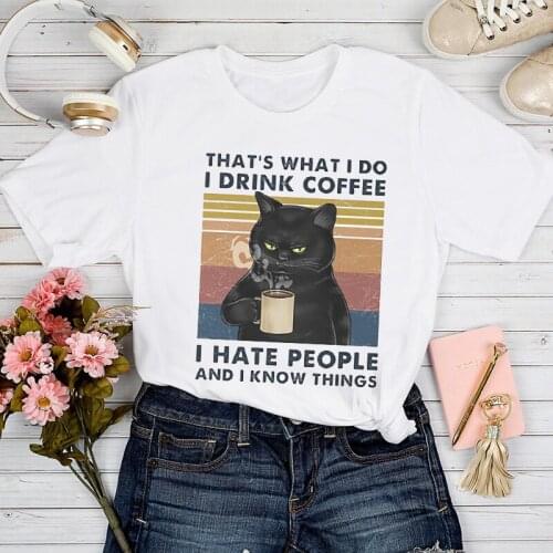 T-shirts Women Cat Cartoon Coffee Funny Style Printing Spring Summer Tshirt Top Lady Stylish Girl Print Clothes Tee T-Shirt