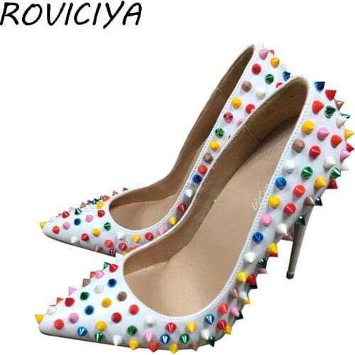 2019 ladies colored rivets new pumps for women shoes female wedding shoes high heel spring autumn 8-12 cm 33-45 MD006 ROVICIYA