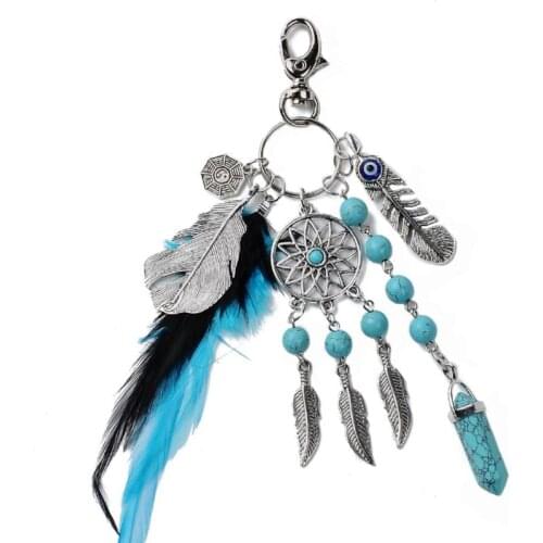 Women Keychain Jewelry Natural Dreamcatcher Women Bag Charm Trinket Key Chain Fashion Silver Boho Gift Feather Leaf Car Key Ring