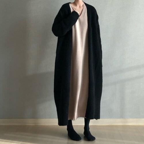 Autumn Spring Deep V-Neck Women Knit Cardigans Long Sleeve Basic Long Style Female Sweater Solid Loose Casual Ladies Cardigans