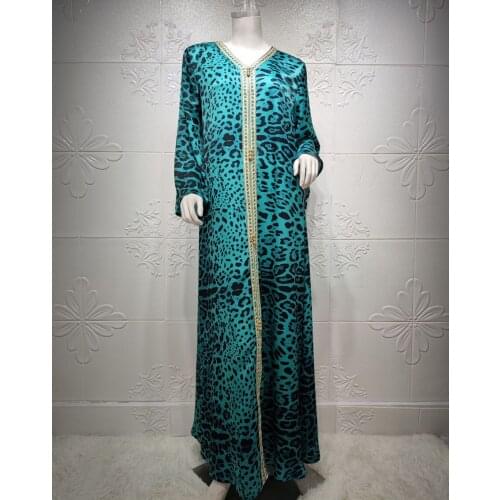 Satin Leopard Print Maxi Dress Women Loose Ethnic Muslim Long Dresses Plus Size Arabic Oman Abaya Dubai Turkish Islamic Clothes