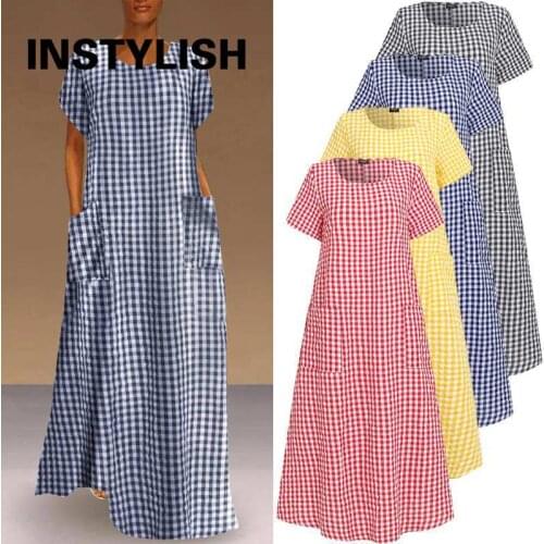 Women Vintage Bohemian Maxi Long Dress Summer Short Sleeve Plaid Loose Sundress Casual Pockets Oversize Dress Robe