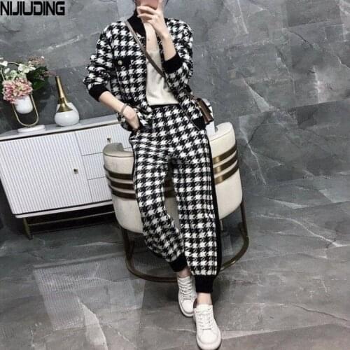 2021 Autumn Women Two Piece Sweater Sport Suits Female Plaid Harem Pants And Two-way zipper Jacket Top 2 PCS Wool Woman Sets