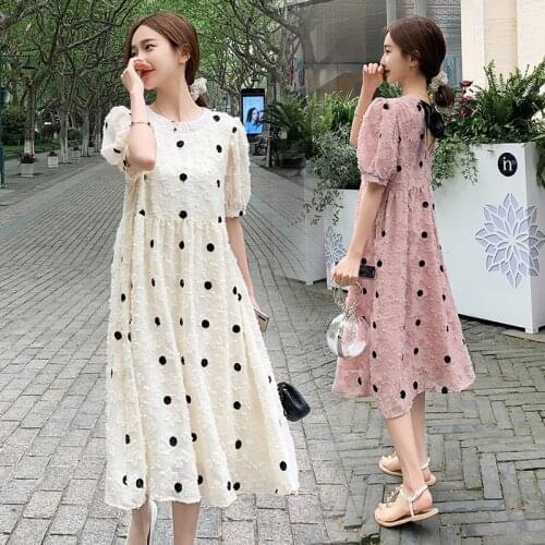 250# Maternity Clothes Summer Dot O neck Chiffon Short Sleeve Loose Stylish Dress for Pregnant Women Pregnancy Clothes