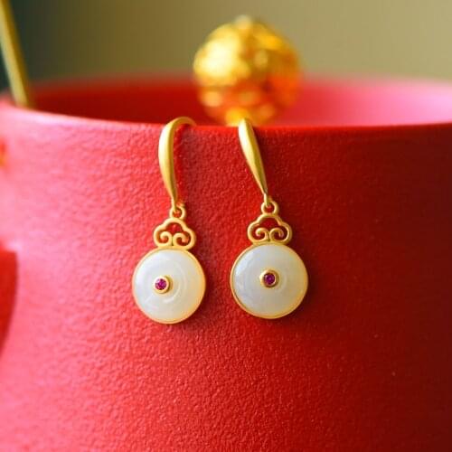 Antique Earrings Chinese Style S925 Sterling Silver Gilding Ruyi Special-Interest Design Natural Hetian Jade Peace Buckle