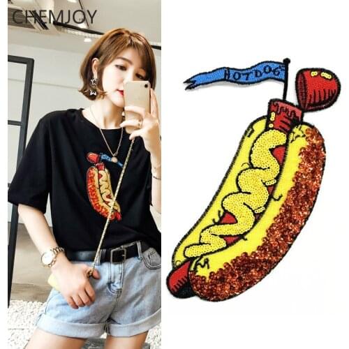 Ironing on Hot Dog Sequins Large Patch for Clothing Fun DIY Sew Sequined Appliques Cute Woman Clothes Sticker Hippie Patch
