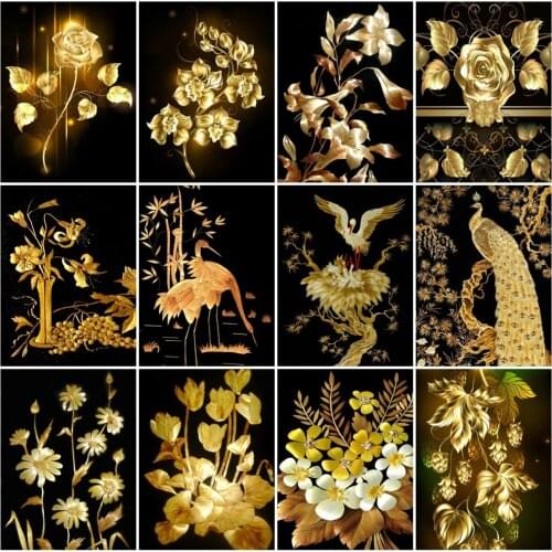 AZQSD 5D Diamond Embroidery Golden Rose Peacock Mosaic Rhinestones Diamond Painting Flower Cross Stitch Needlework Home Decor