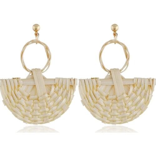 Bohemian ethnic hand-knit rattan dangle statement earrings vintage exquisite fashion simple fan-shaped trend earrings for women