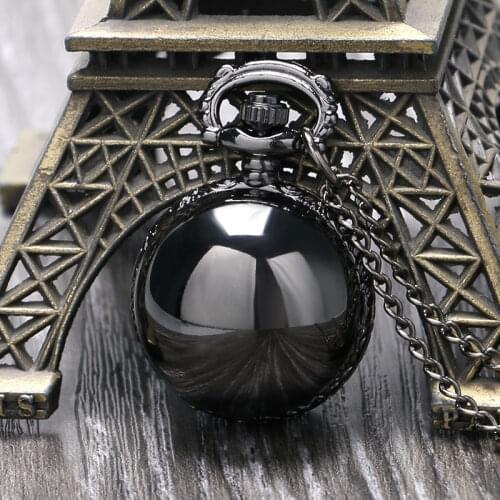 Black Steampunk Smooth Ball Shaped Quartz Pocket Watch Necklace Pendant with Chain Womens Lady Gift Relogio De Bolso