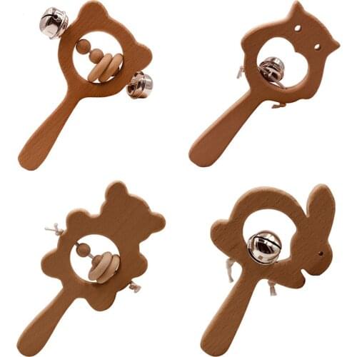 Wooden Rattle Beech Bear Hand Teething Wooden Ring Baby Rattles Play Gym Wooden Toys Bed Stroller Educational Toys 0-12Months