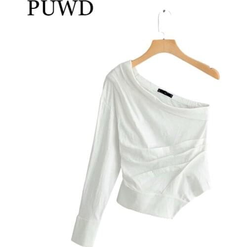 PUWD Elegant Women One Shoulder White Shirts 2021 Summer Fashion Ladies Cotton Linen Folds High Street Shirt Slim Girls Chic Top