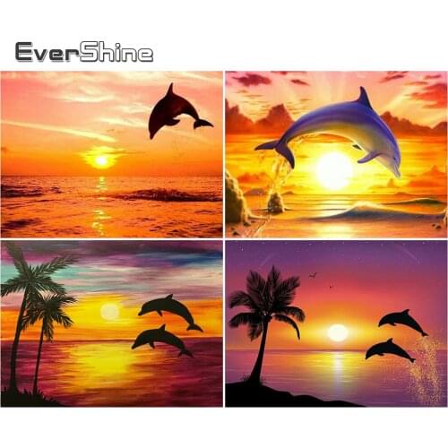 EverShine Diamond Painting Dolphin Full Square Diamond Mosaic 5D Sunset Embroidery Picture Of Rhinestones Landscape Handicraft