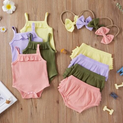 2021 Summer Fashionable Baby Girls Outfit Suit Cute Cotton Casual Ribbed Sleeveless Suspender Romper+Shorts+Headwear Toddler Set