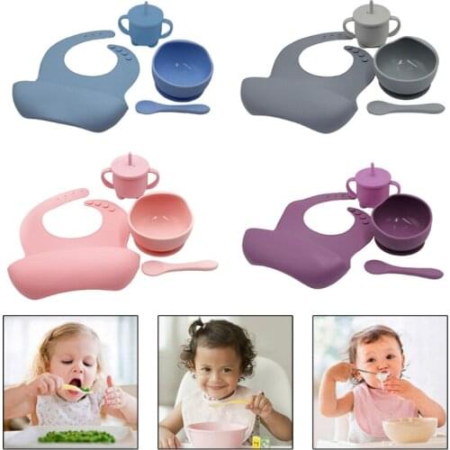 4 Pcs Baby Silicone Bibs Sucker Bowl Spoon Straw Cup Set Training Feeding Food Utensil Dishes Tableware Kit for Newborn