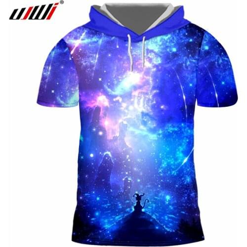 UJWI 2018 Summer Tops Men 3d Print Blue Galaxy Space Hooded T-shirts Casual Tshirts Homme Short Sleeve Hoodies O Neck Undershirt