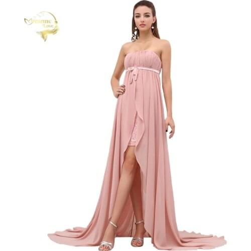 New Pregnant Women Evening Dress Zipper Long Formal Empire Evening Dresses 2020 Chiffon Pink With Train Prom Party Gown JL55089