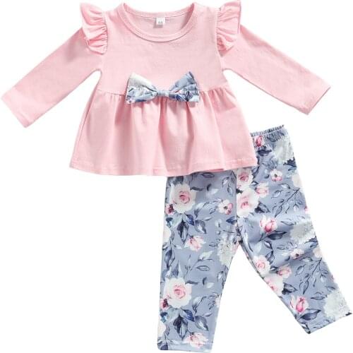 Clothes For Newborns Baby Girl Clothes Fashion Solid Color Bow Long Sleeve Tops Flower Long Pants Cotton Clothing Sets 3-24M