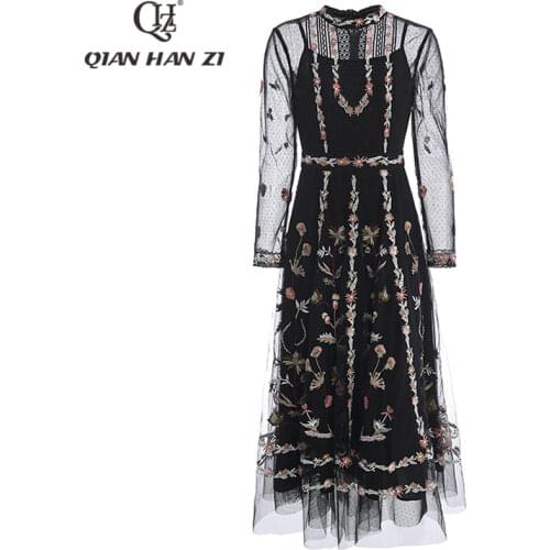 Qian Han Zi Spring Designer Fashion Fall Long Sleeve Dress retro mesh embroidery elegant long Slim dress Women New 2021