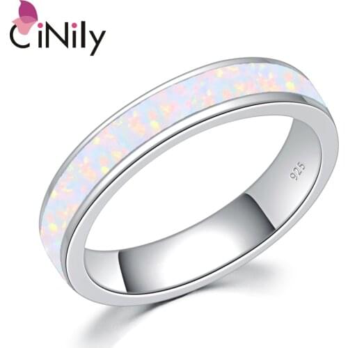 CiNily White Fire Opal Stone Smooth Finger Ring Silver Plated Couples Lovers Rings Minimalist Jewelry Wedding Bands Men Women