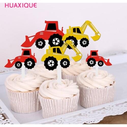 Construction Party Cupcake Toppers and Wrappers Tractor Excavator Cake Topper Dump Truck Themed Birthday Party Cake Decors