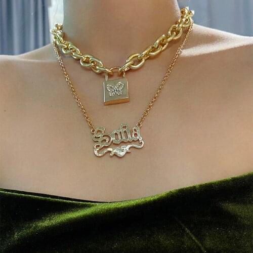 Punk Hip-hop Trend Thick Chain Harajuku Accessories Super Natural Simple Letter Micro Lock Pendant Layered Necklace Female